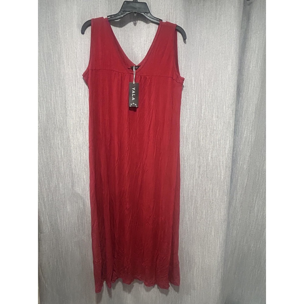YALA Dress Womens XL Red‎ Sleeveless V Neck Maxi Jersey Bamboo Travel Summer